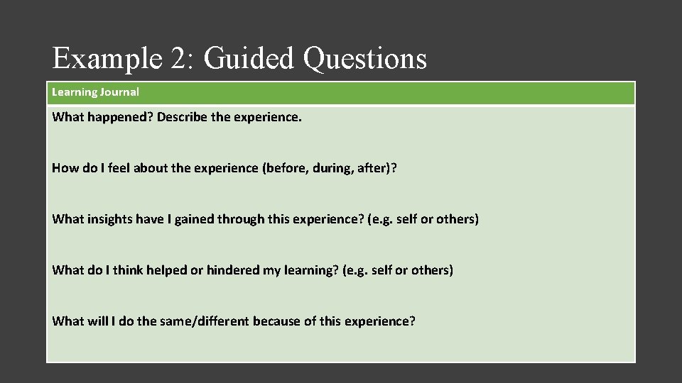 Example 2: Guided Questions Learning Journal What happened? Describe the experience. How do I