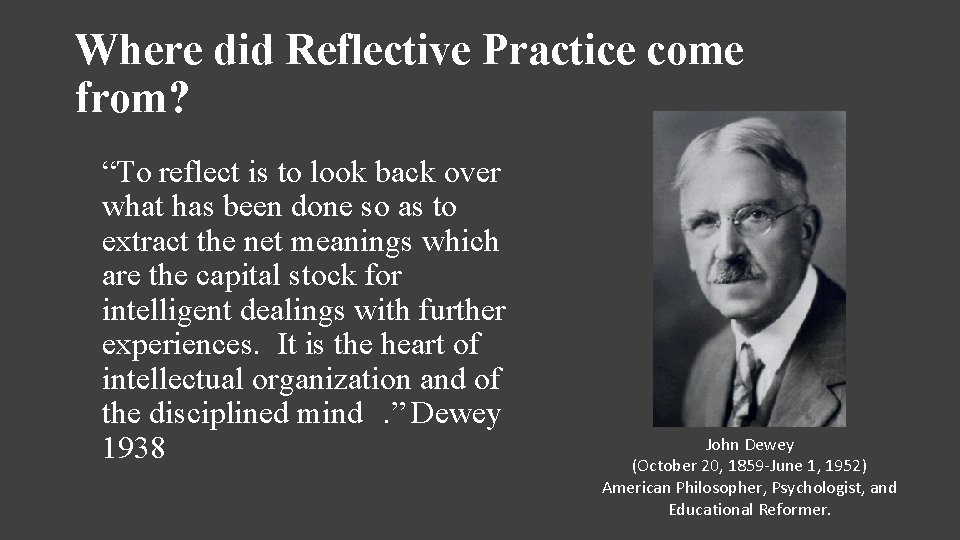 Where did Reflective Practice come from? “To reflect is to look back over what