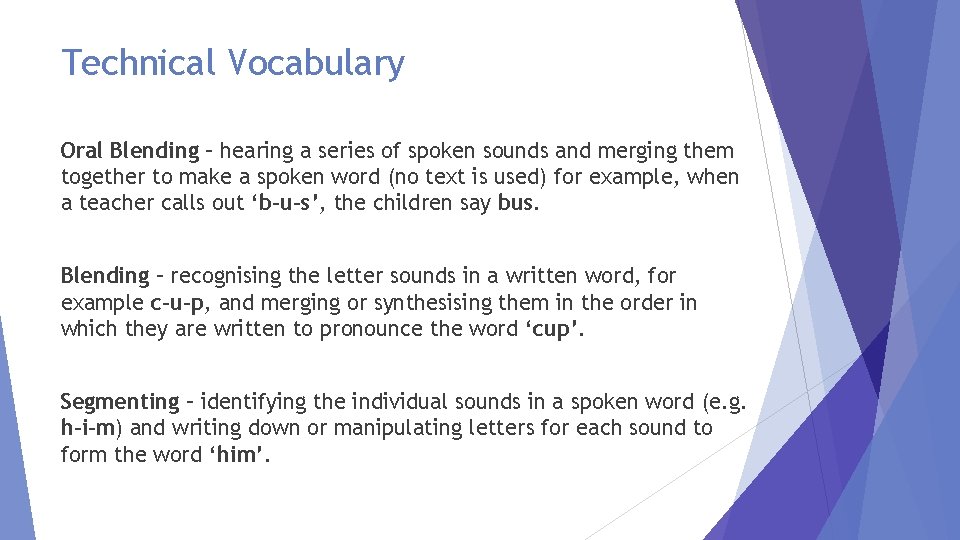 Technical Vocabulary Oral Blending – hearing a series of spoken sounds and merging them Technical Vocabulary Oral Blending – hearing a series of spoken sounds and merging them