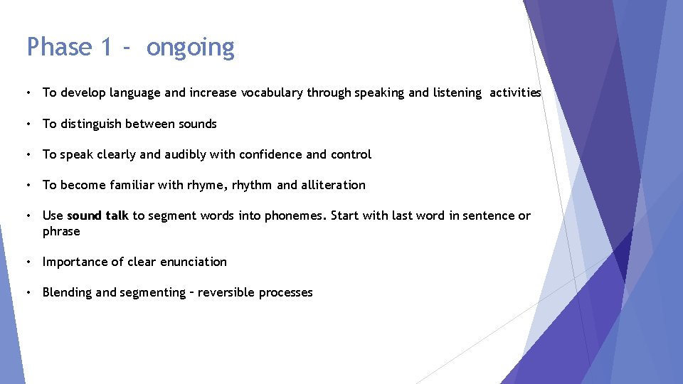 Phase 1 - ongoing • To develop language and increase vocabulary through speaking and Phase 1 - ongoing • To develop language and increase vocabulary through speaking and
