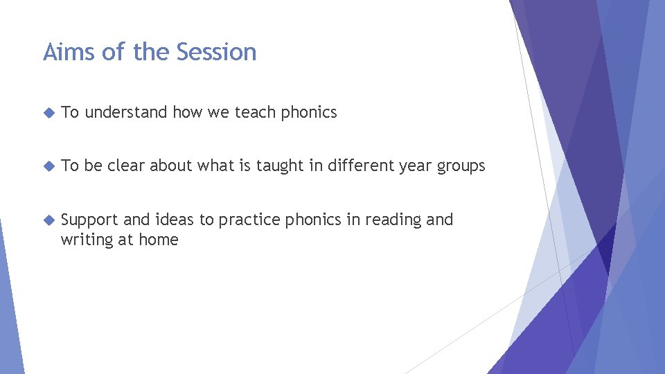 Aims of the Session To understand how we teach phonics To be clear about Aims of the Session To understand how we teach phonics To be clear about