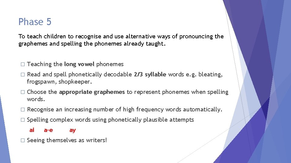 Phase 5 To teach children to recognise and use alternative ways of pronouncing the Phase 5 To teach children to recognise and use alternative ways of pronouncing the