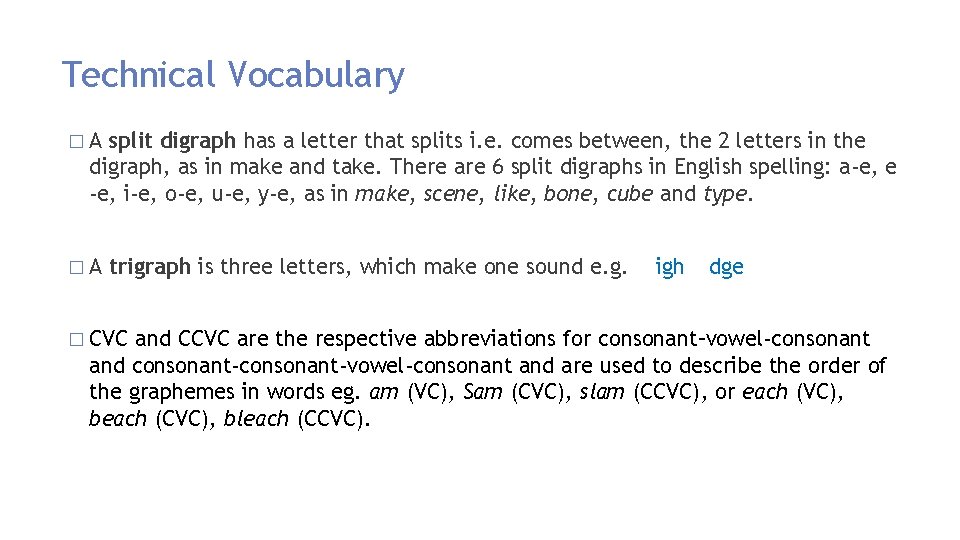 Technical Vocabulary �A split digraph has a letter that splits i. e. comes between, Technical Vocabulary �A split digraph has a letter that splits i. e. comes between,