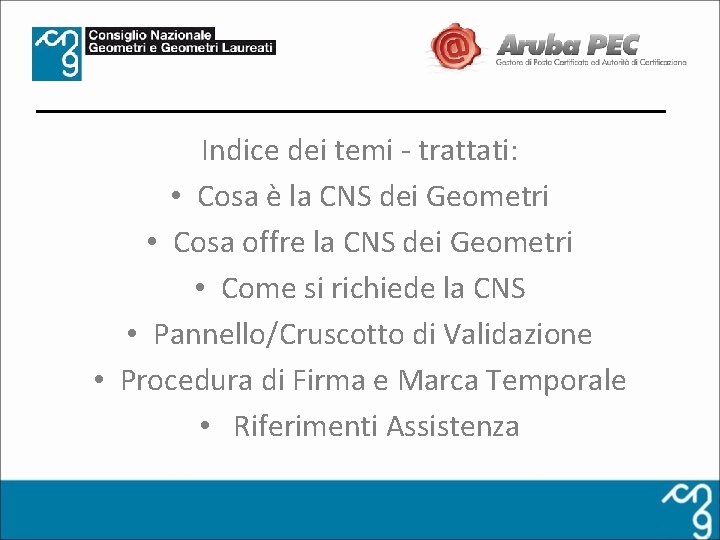 Indice dei temi - trattati: • Cosa è la CNS dei Geometri • Cosa
