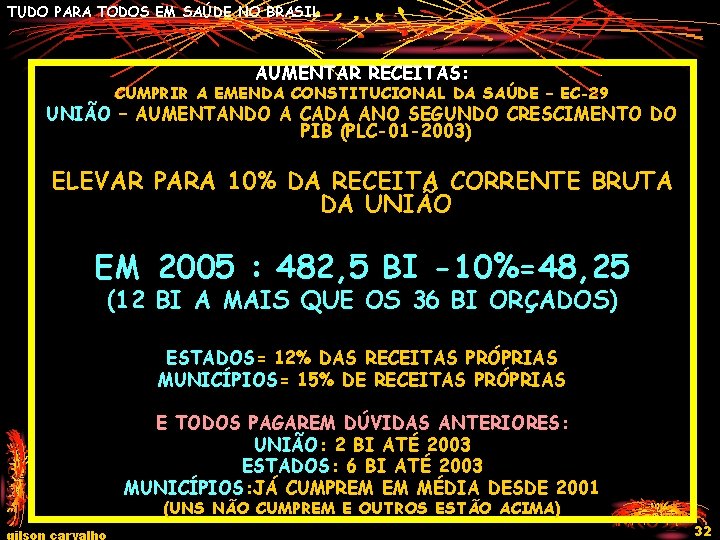 TUDO PARA TODOS EM SAÚDE NO BRASIL AUMENTAR RECEITAS: CUMPRIR A EMENDA CONSTITUCIONAL DA