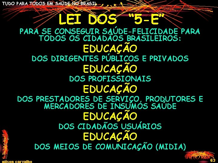 TUDO PARA TODOS EM SAÚDE NO BRASIL LEI DOS “ 5 -E” PARA SE