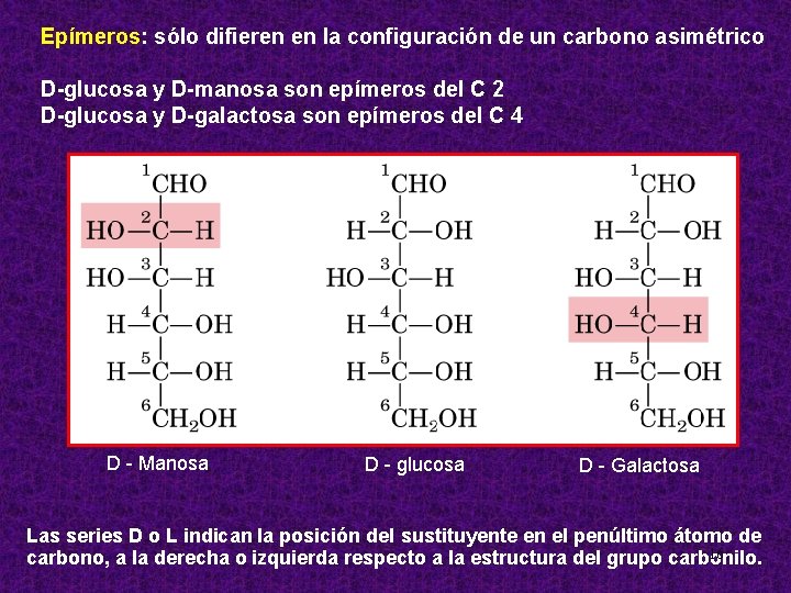 Epímeros: sólo difieren en la configuración de un carbono asimétrico D-glucosa y D-manosa son