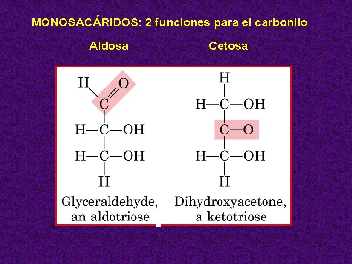 MONOSACÁRIDOS: 2 funciones para el carbonilo Aldosa Cetosa 9 