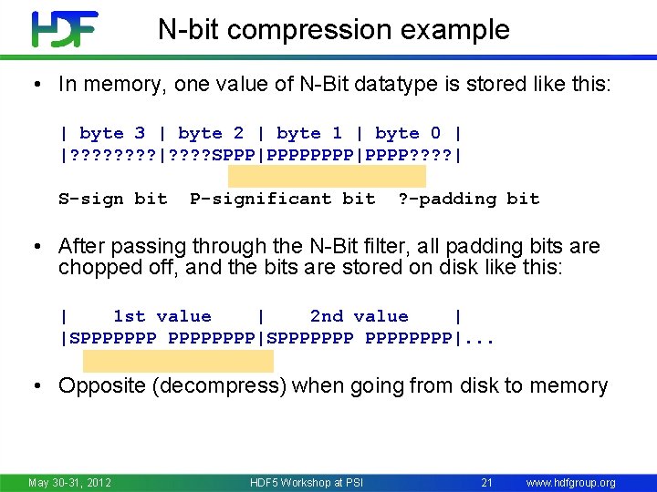 N-bit compression example • In memory, one value of N-Bit datatype is stored like