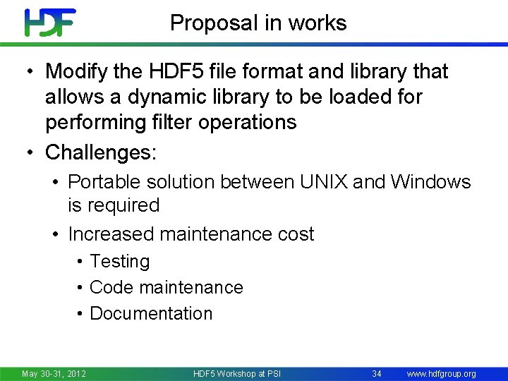 Proposal in works • Modify the HDF 5 file format and library that allows