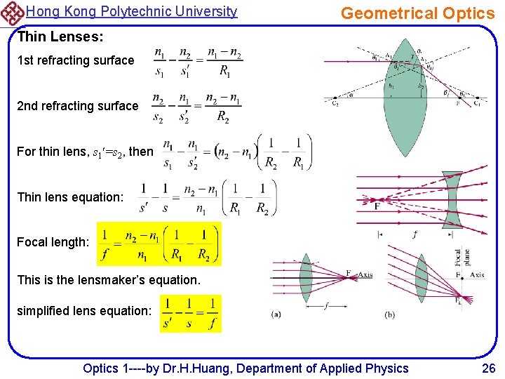 Hong Kong Polytechnic University Geometrical Optics Thin Lenses: 1 st refracting surface 2 nd