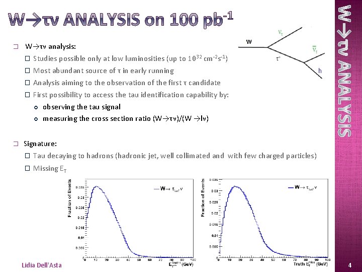 � � W→τν analysis: � Studies possible only at low luminosities (up to 1032 � � W→τν analysis: � Studies possible only at low luminosities (up to 1032