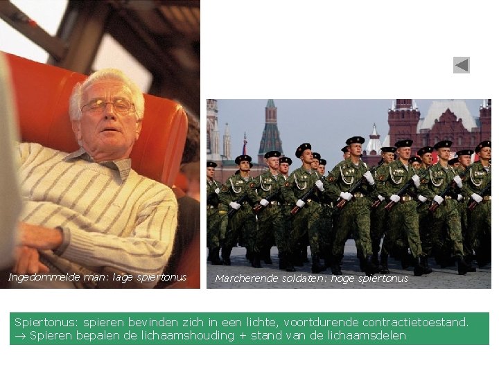 Ingedommelde man: lage spiertonus Marcherende soldaten: hoge spiertonus Spiertonus: spieren bevinden zich in een