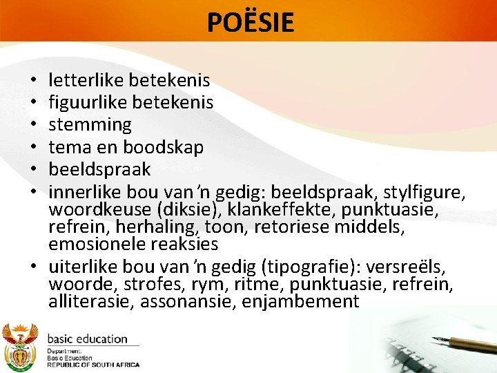 POËSIE letterlike betekenis figuurlike betekenis stemming tema en boodskap beeldspraak innerlike bou van ŉ