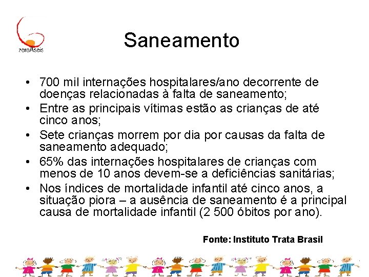 Saneamento • 700 mil internações hospitalares/ano decorrente de doenças relacionadas à falta de saneamento;