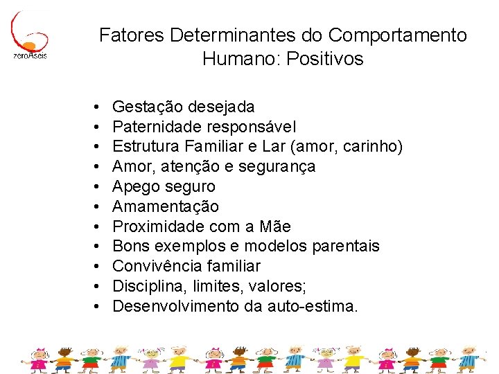 Fatores Determinantes do Comportamento Humano: Positivos • • • Gestação desejada Paternidade responsável Estrutura