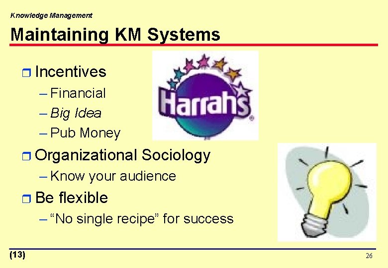 Knowledge Management Maintaining KM Systems r Incentives – Financial – Big Idea – Pub