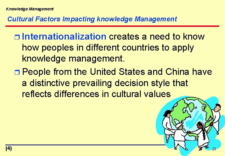 Knowledge Management Cultural Factors Impacting knowledge Management r Internationalization creates a need to know