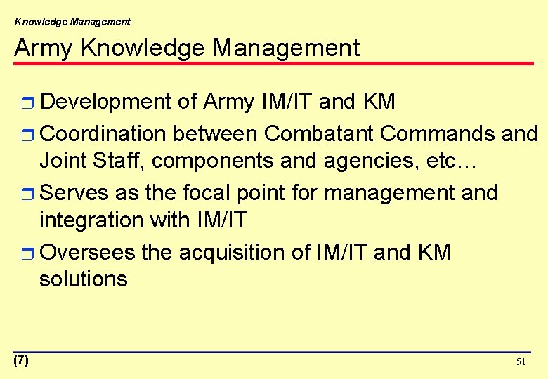 Knowledge Management Army Knowledge Management r Development of Army IM/IT and KM r Coordination