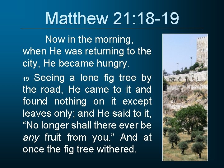 Matthew 21: 18 -19 Now in the morning, when He was returning to the