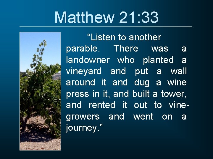 Matthew 21: 33 “Listen to another parable. There was a landowner who planted a Matthew 21: 33 “Listen to another parable. There was a landowner who planted a