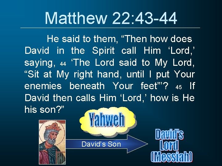 Matthew 22: 43 -44 He said to them, “Then how does David in the