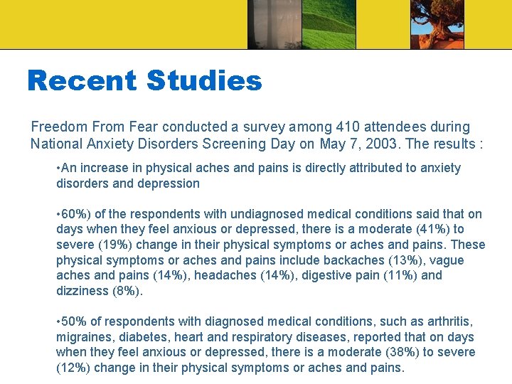 Recent Studies Freedom From Fear conducted a survey among 410 attendees during National Anxiety