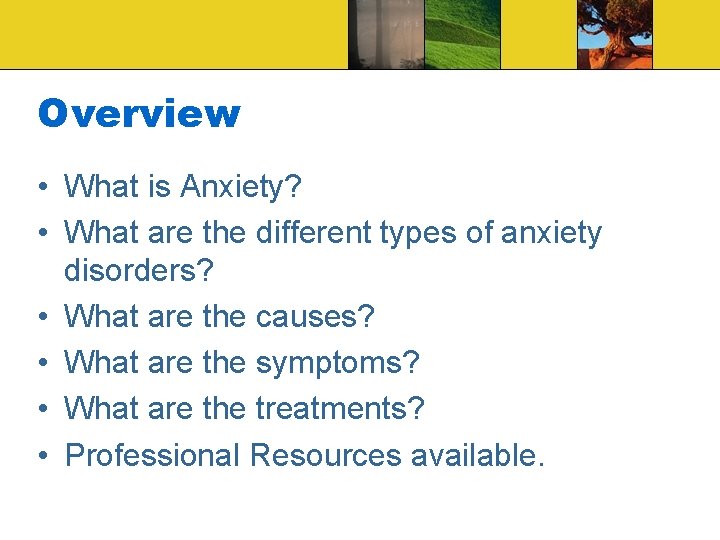 Overview • What is Anxiety? • What are the different types of anxiety disorders?