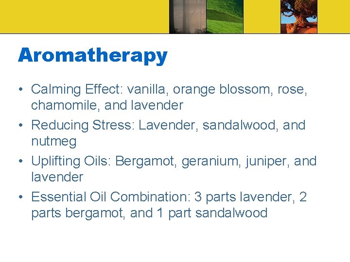 Aromatherapy • Calming Effect: vanilla, orange blossom, rose, chamomile, and lavender • Reducing Stress: