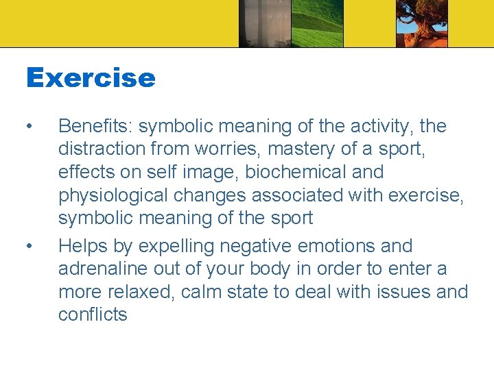 Exercise • • Benefits: symbolic meaning of the activity, the distraction from worries, mastery