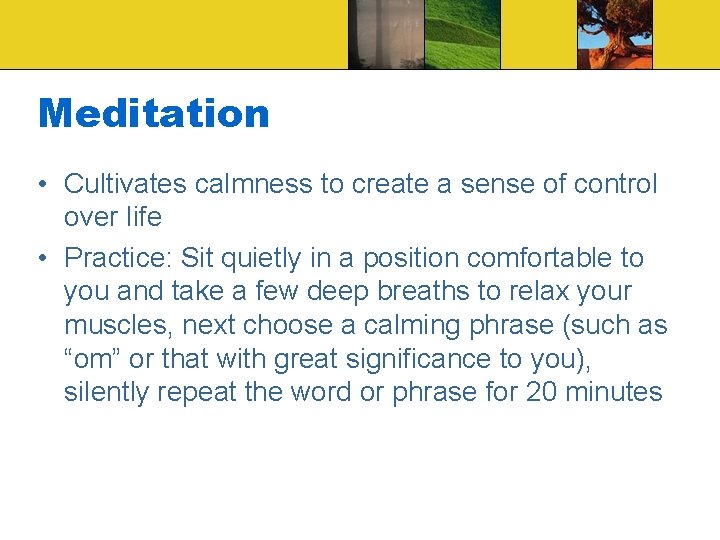 Meditation • Cultivates calmness to create a sense of control over life • Practice: