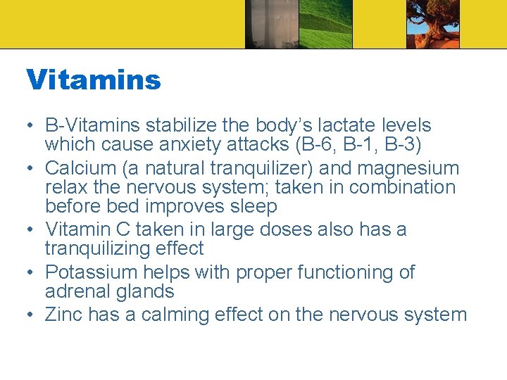 Vitamins • B-Vitamins stabilize the body’s lactate levels which cause anxiety attacks (B-6, B-1,