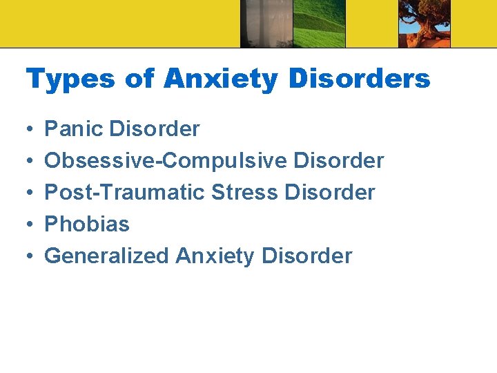 Types of Anxiety Disorders • • • Panic Disorder Obsessive-Compulsive Disorder Post-Traumatic Stress Disorder