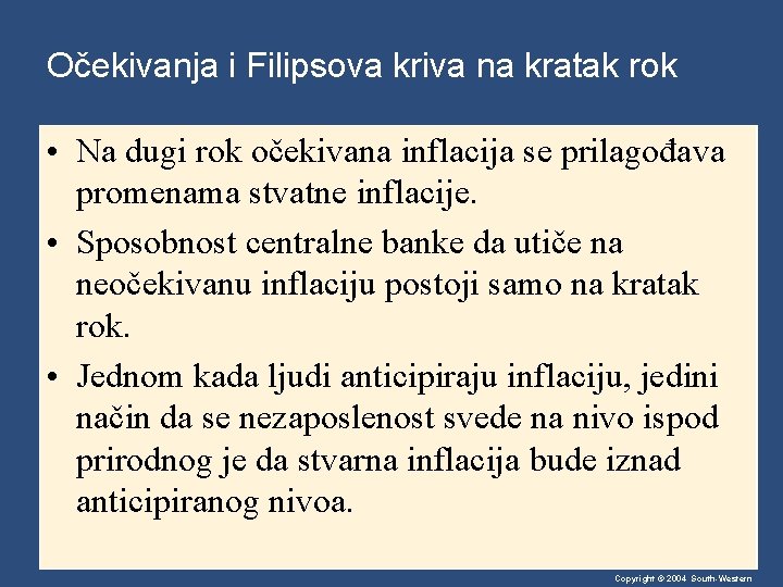 Očekivanja i Filipsova kriva na kratak rok • Na dugi rok očekivana inflacija se