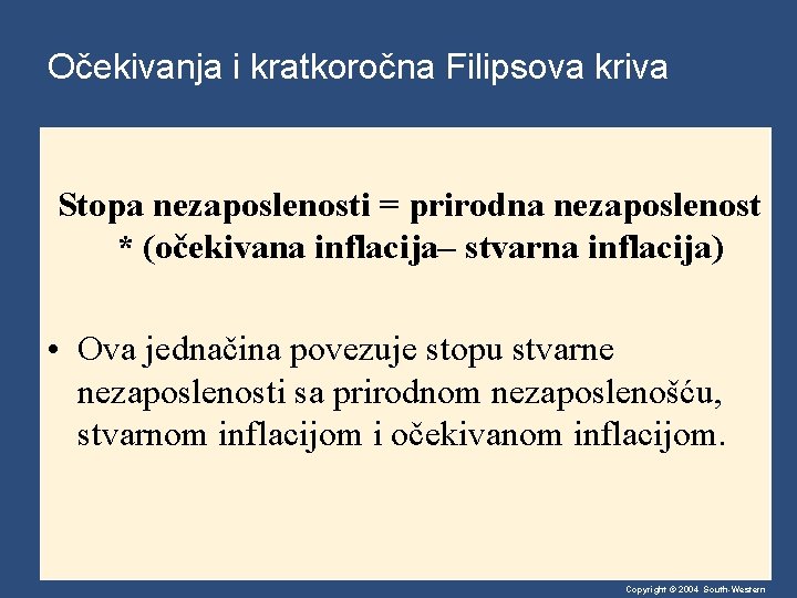 Očekivanja i kratkoročna Filipsova kriva Stopa nezaposlenosti = prirodna nezaposlenost * (očekivana inflacija– stvarna