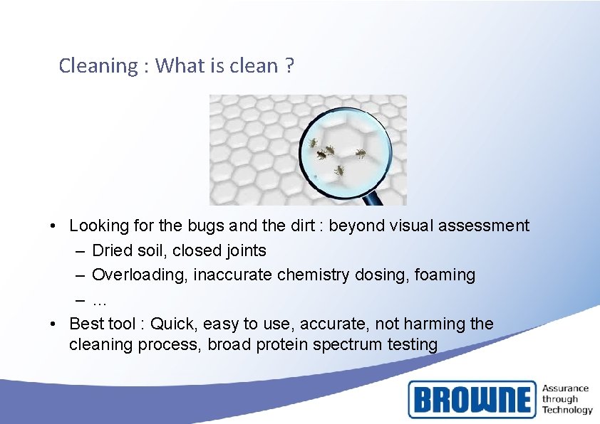 Cleaning : What is clean ? • Looking for the bugs and the dirt Cleaning : What is clean ? • Looking for the bugs and the dirt