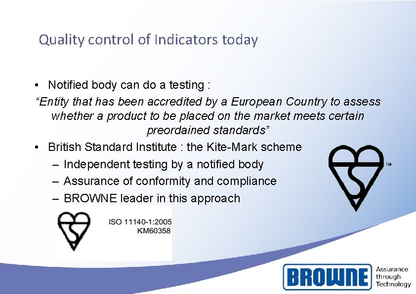 Quality control of Indicators today • Notified body can do a testing : “Entity Quality control of Indicators today • Notified body can do a testing : “Entity