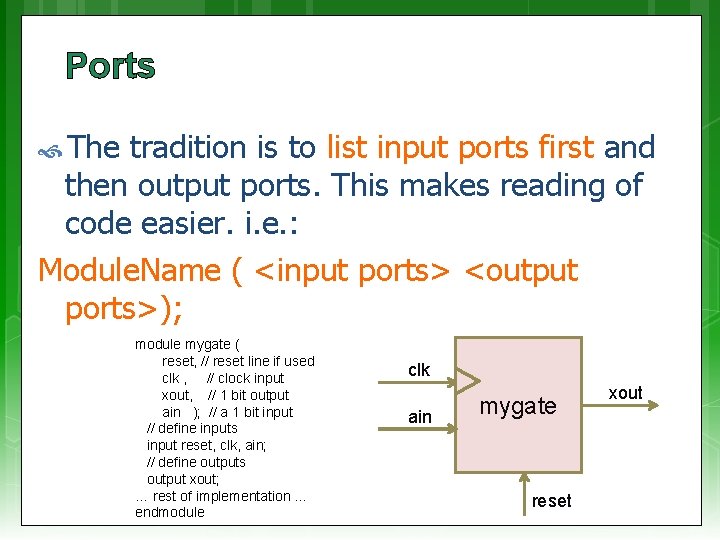 Ports The tradition is to list input ports first and then output ports. This