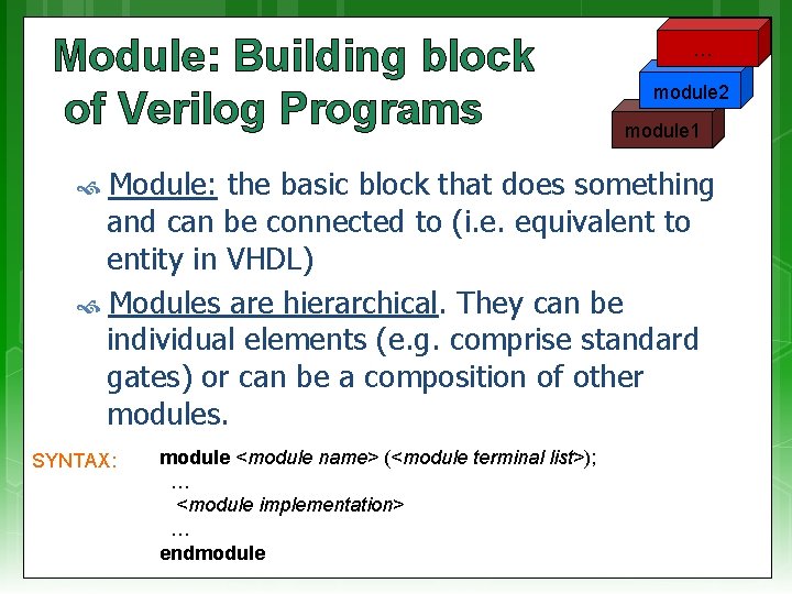 Module: Building block of Verilog Programs … module 2 module 1 Module: the basic