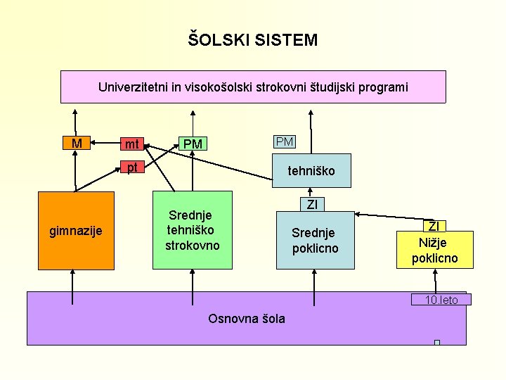 ŠOLSKI SISTEM Univerzitetni in visokošolski strokovni študijski programi M mt PM PM pt gimnazije