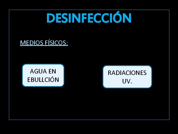 DESINFECCIÓN MEDIOS FÍSICOS: AGUA EN EBULLCIÓN RADIACIONES UV. DESINFECCIÓN MEDIOS FÍSICOS: AGUA EN EBULLCIÓN RADIACIONES UV.