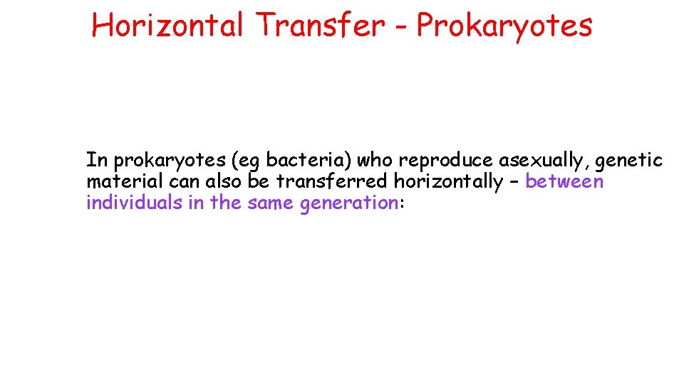 Horizontal Transfer - Prokaryotes In prokaryotes (eg bacteria) who reproduce asexually, genetic material can