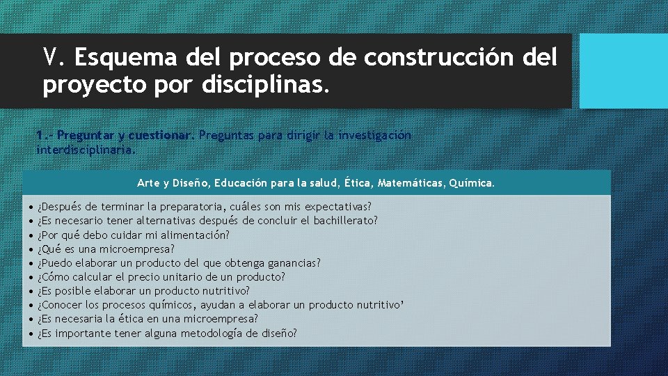 V. Esquema del proceso de construcción del proyecto por disciplinas. 1. - Preguntar y