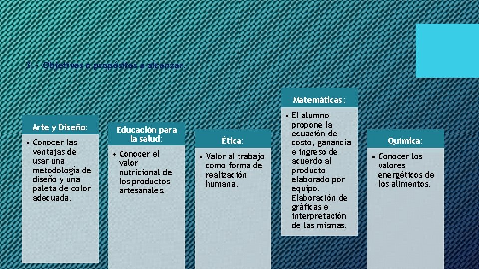 3. - Objetivos o propósitos a alcanzar. Matemáticas: Arte y Diseño: • Conocer las