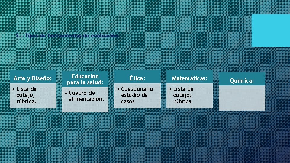 5. - Tipos de herramientas de evaluación. Arte y Diseño: • Lista de cotejo,