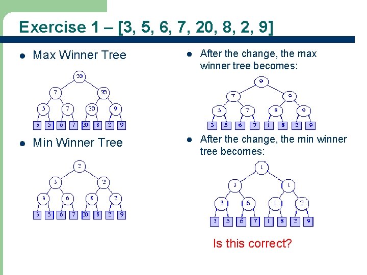 Exercise 1 – [3, 5, 6, 7, 20, 8, 2, 9] l Max Winner