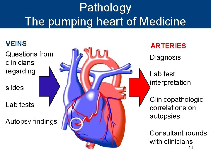 Pathology The pumping heart of Medicine VEINS ARTERIES Questions from clinicians regarding Diagnosis slides