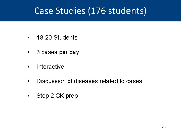 Case Studies (176 students) • 18 -20 Students • 3 cases per day •