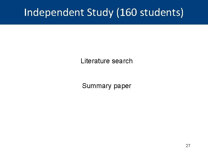 Independent Study (160 students) Literature search Summary paper 27 