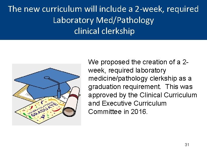 The new curriculum will include a 2 -week, required Laboratory Med/Pathology clinical clerkship We